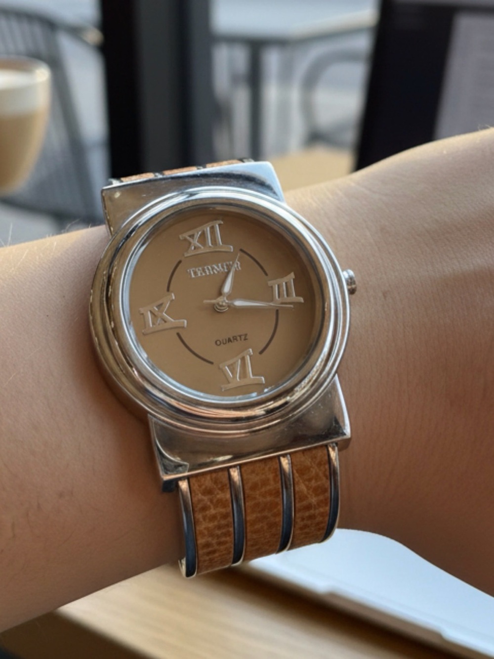 Bijoux Terner Silver-Tone Case Watch with Tan Dial and Brown Leather Strap